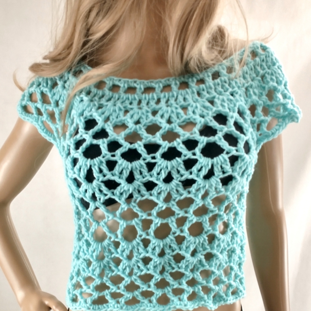 💙Acqua Crop Top Crochet Knit Boho Lace Summer